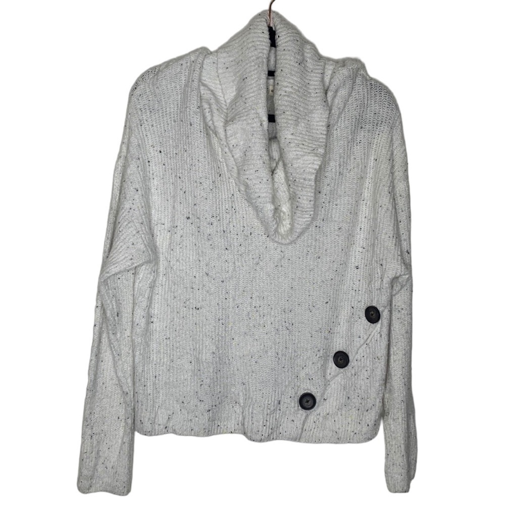 T24 Yet Again white Cowl neck sweater with asymmetrical large brown buttons